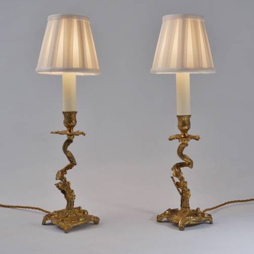 Pair antique Rococo style table lamps, acanthus & acorn leaf, gilt bronze, 1920`s ca, French